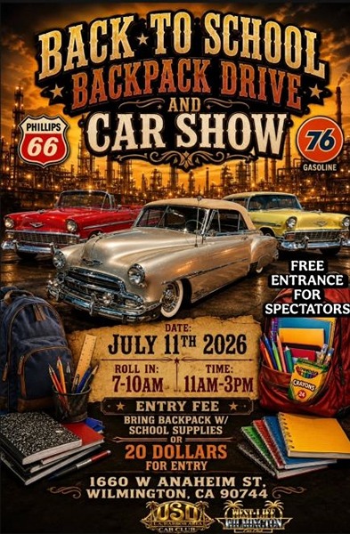 Back to School Backpack Drive Car Show flyer July 2026